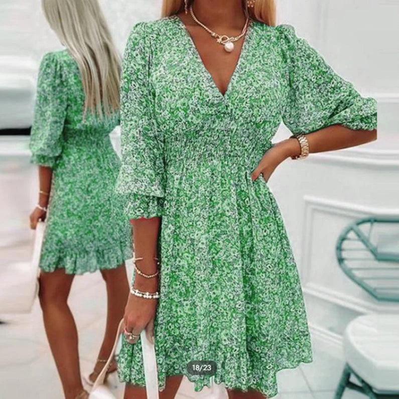 Abito Midi Floreale con Vita Arricciata