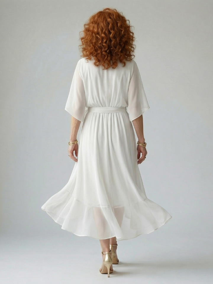 Abito Midi Drappeggiato con Maniche Ampie