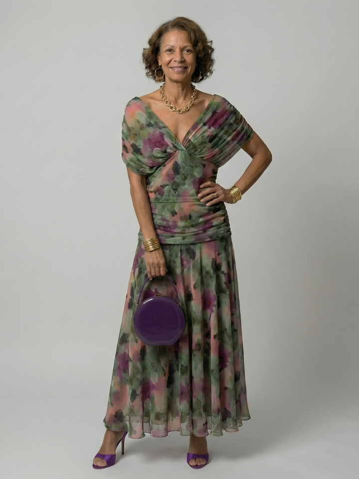 Abito Midi Floreale Drappeggiato