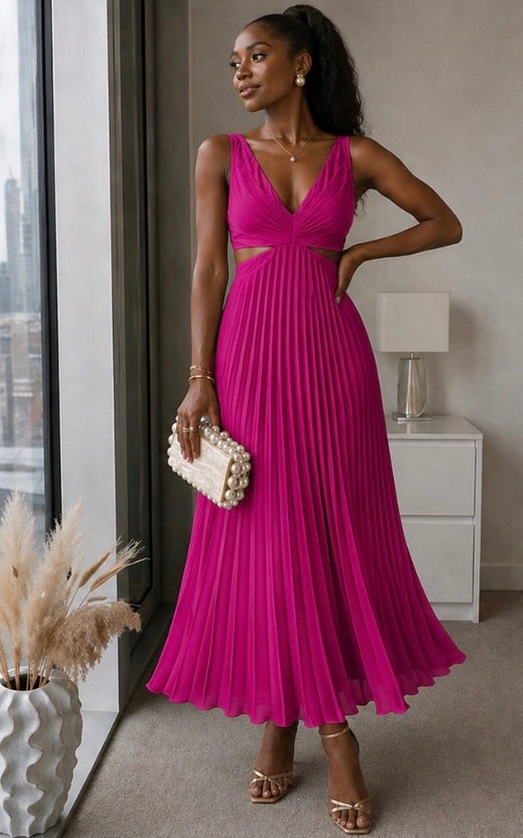 Abito Lungo Plissettato con Cut-Out