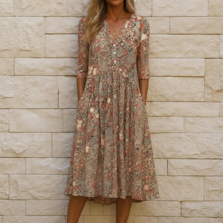 Abito Midi Floreale con Bottoni