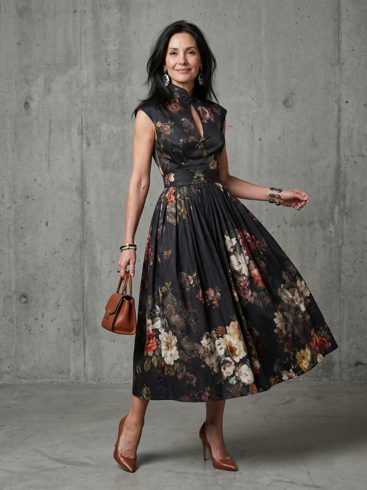 Abito Midi Floreale con Collo Alto