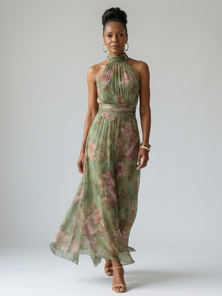 Abito Midi Halter Floreale Verde