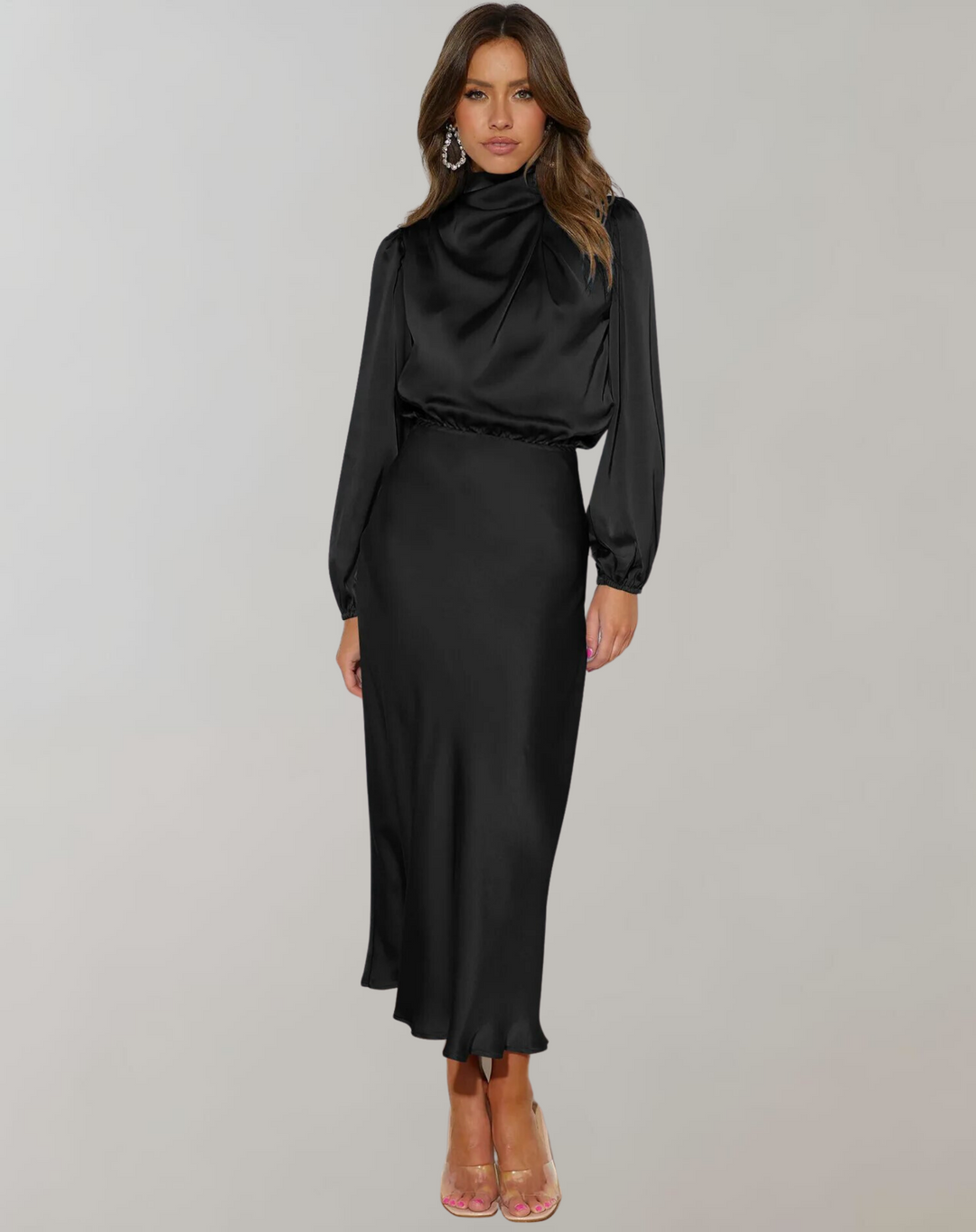 Abito Midi con Collo Drappeggiato