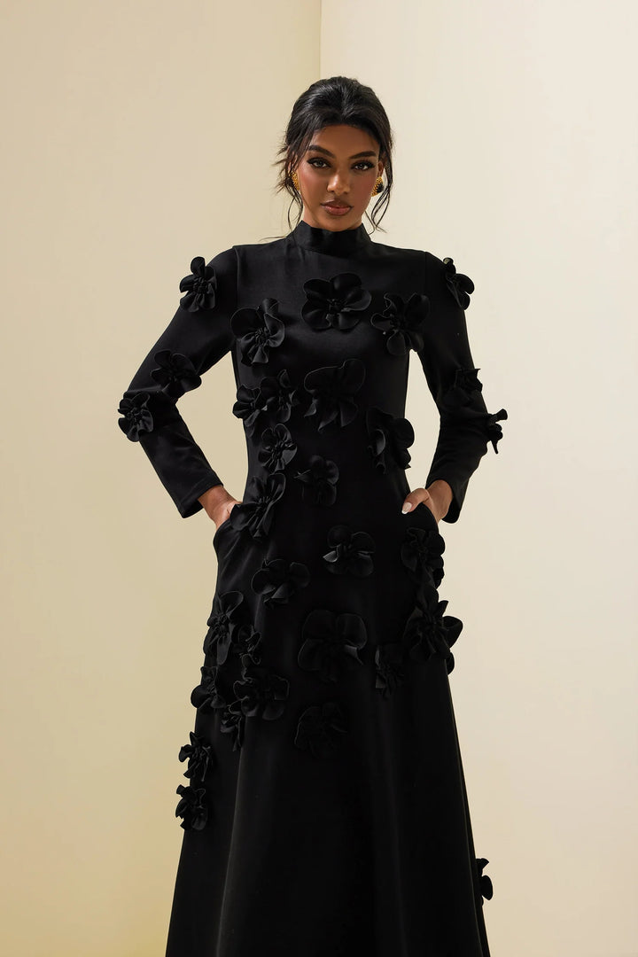 Abito Elegante con Fiori a Rilievo