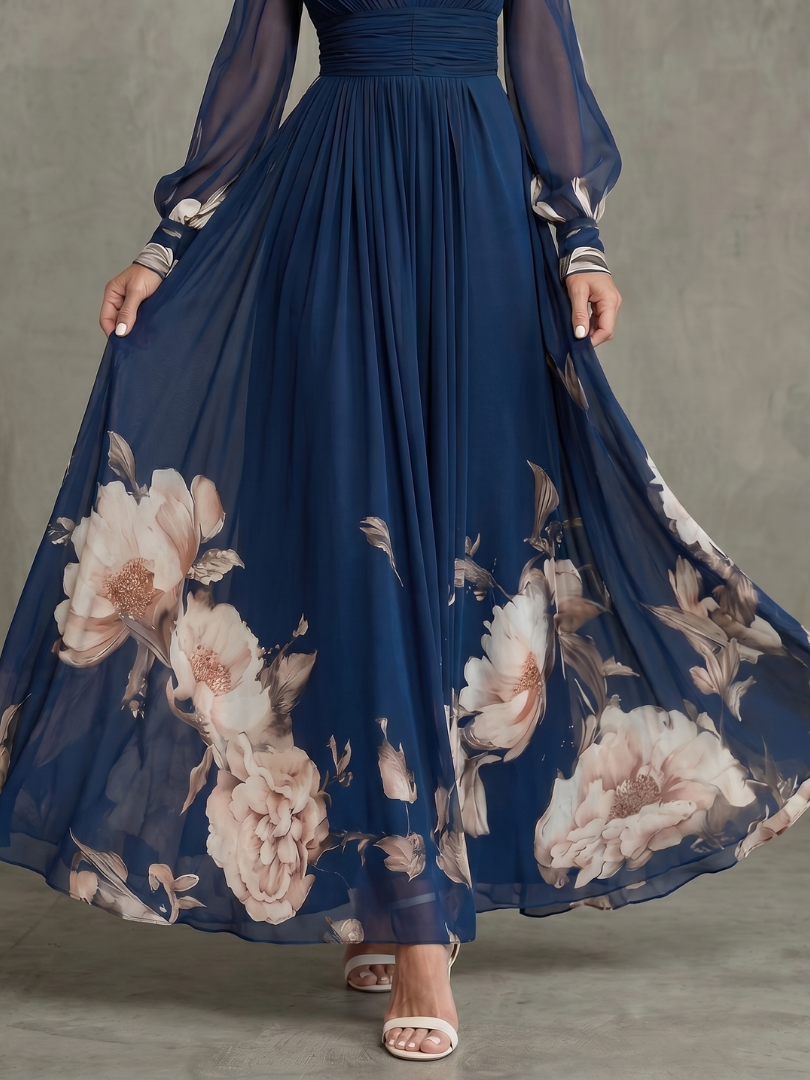 Abito Lungo Blu con Bordo Floreale