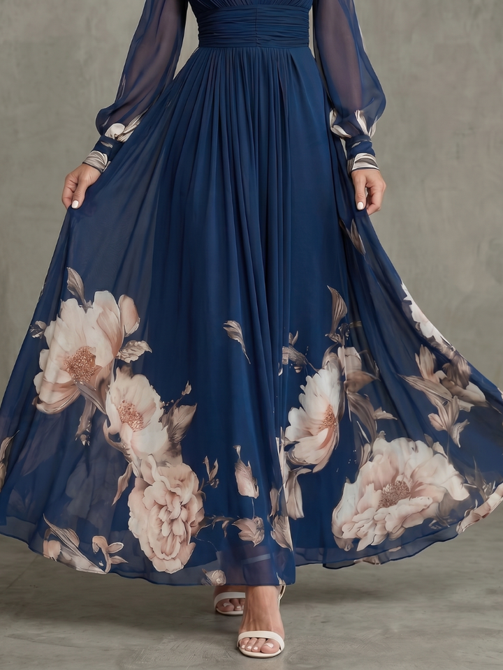 Abito Lungo Blu con Bordo Floreale