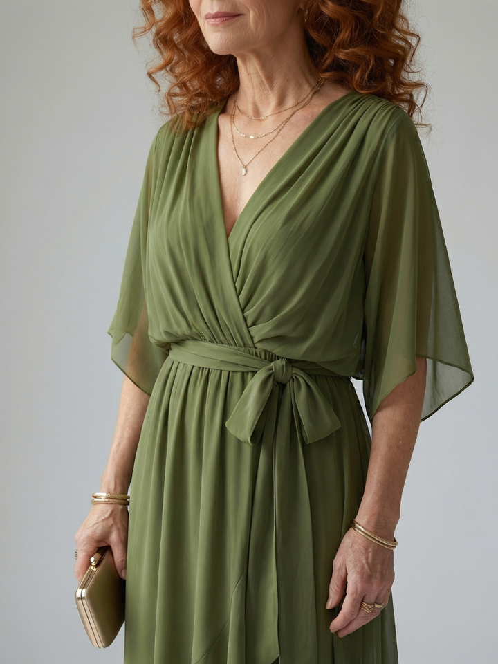 Abito Midi Drappeggiato con Maniche Ampie