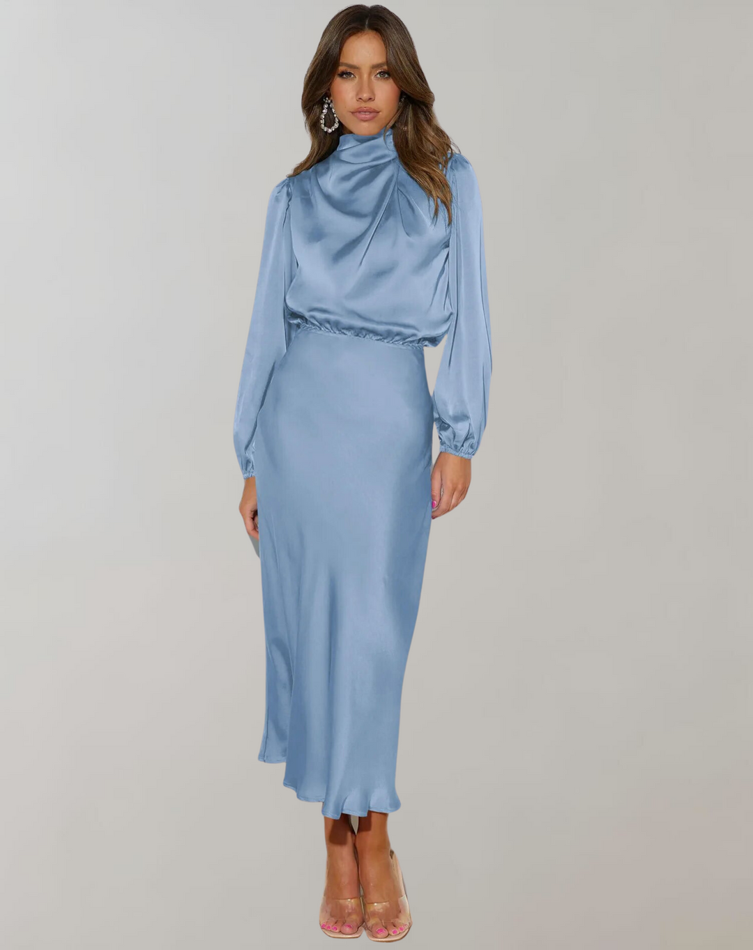 Abito Midi con Collo Drappeggiato