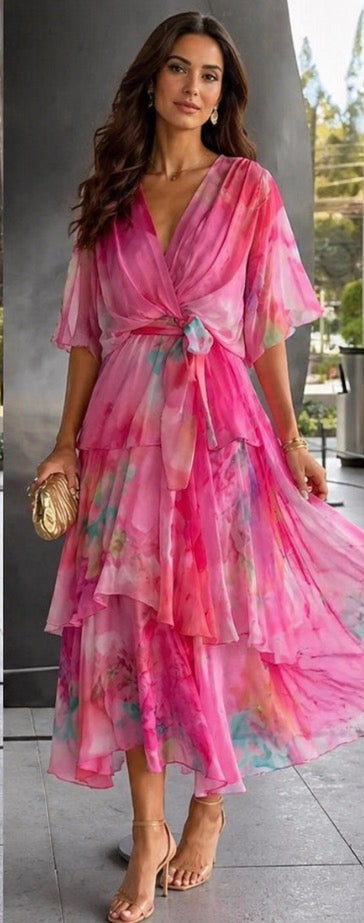 Vestito Lungo Fantasia a Balze