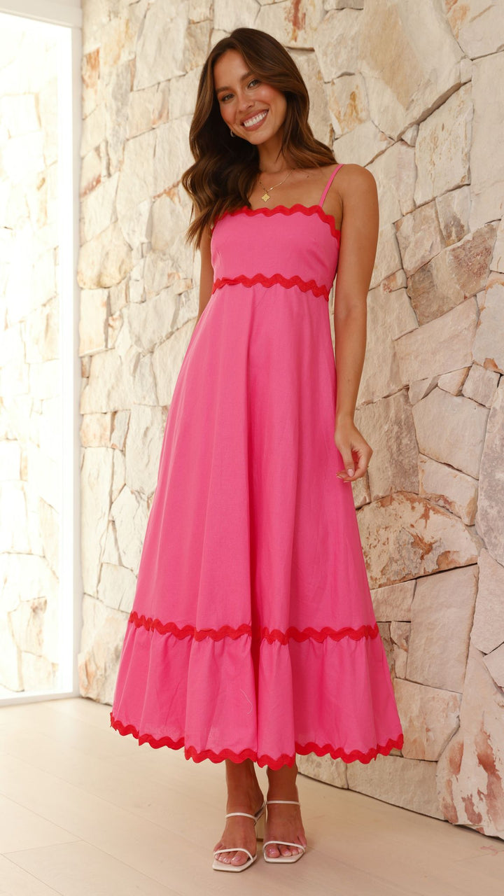 Abito Midi Rosa con Bordo Ondulato