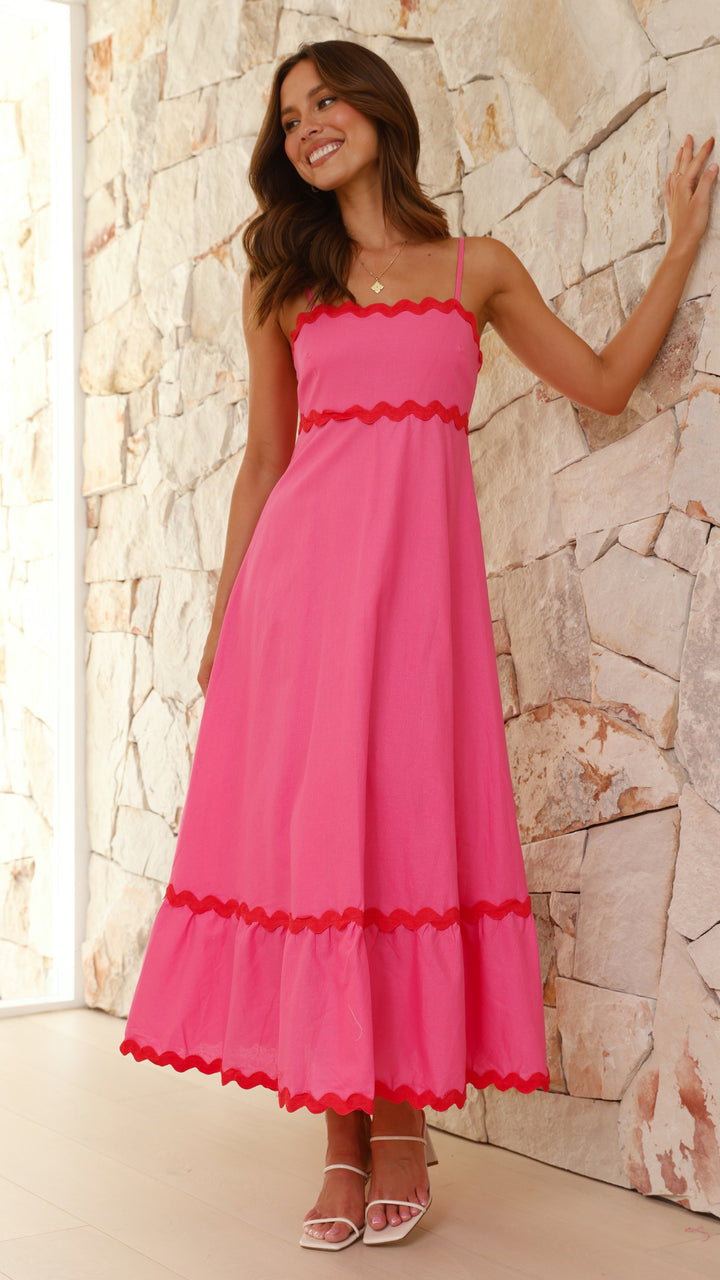 Abito Midi Rosa con Bordo Ondulato