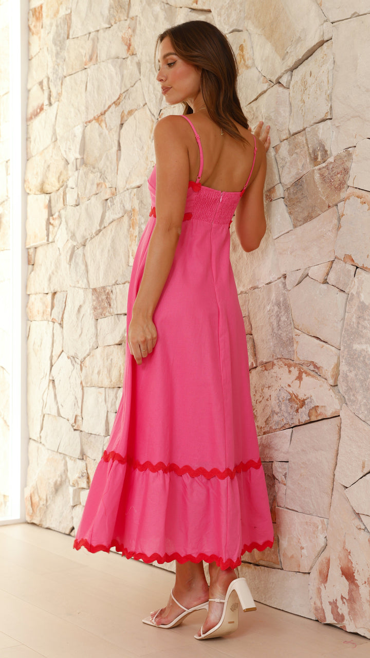 Abito Midi Rosa con Bordo Ondulato