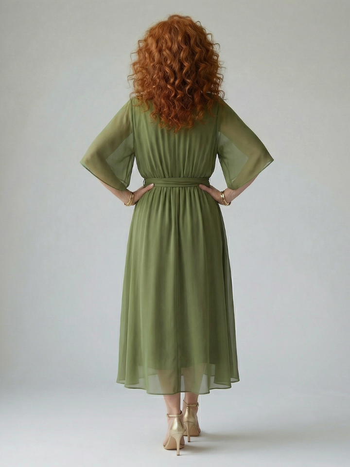 Abito Midi Drappeggiato con Maniche Ampie