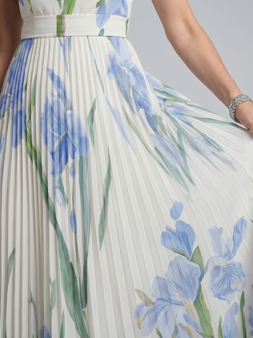 Abito Midi Plissettato a Fiori Blu