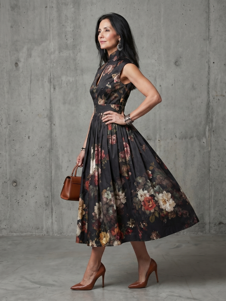 Abito Midi Floreale con Collo Alto