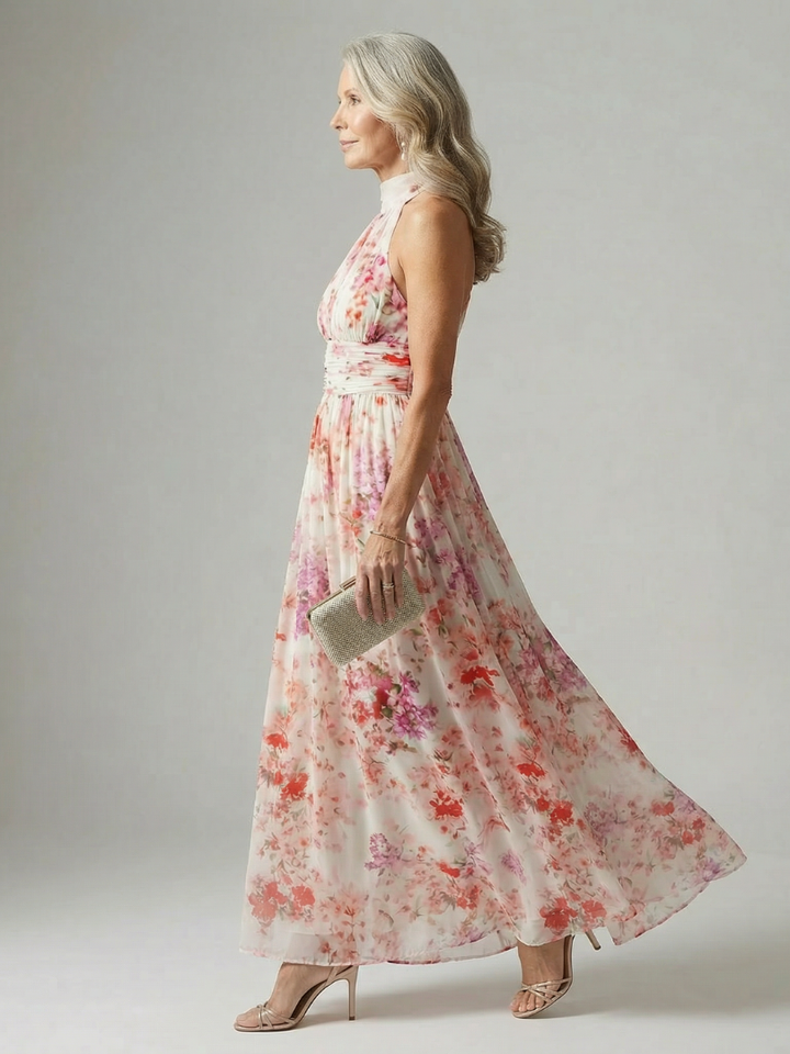 Abito Maxi Floreale con Collo Alto