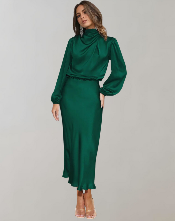 Abito Midi con Collo Drappeggiato
