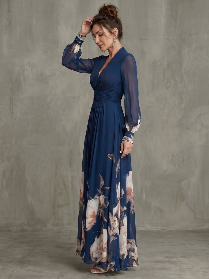 Abito Lungo Blu con Bordo Floreale