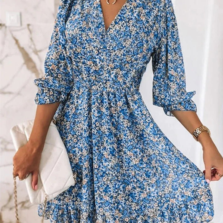 Abito Midi Floreale con Vita Arricciata