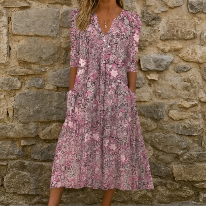 Abito Midi Floreale con Bottoni