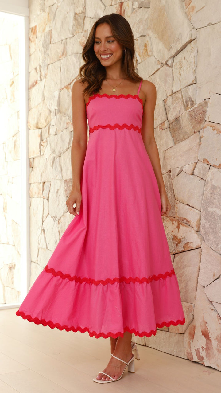 Abito Midi Rosa con Bordo Ondulato