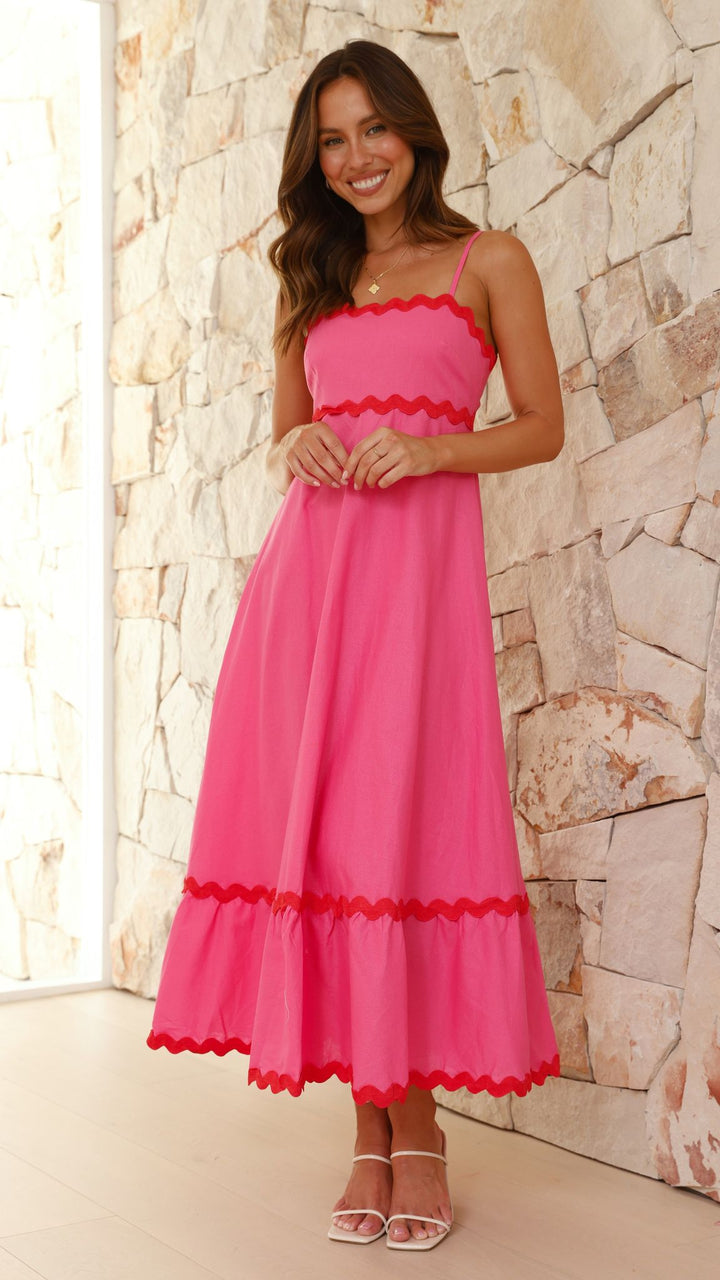 Abito Midi Rosa con Bordo Ondulato