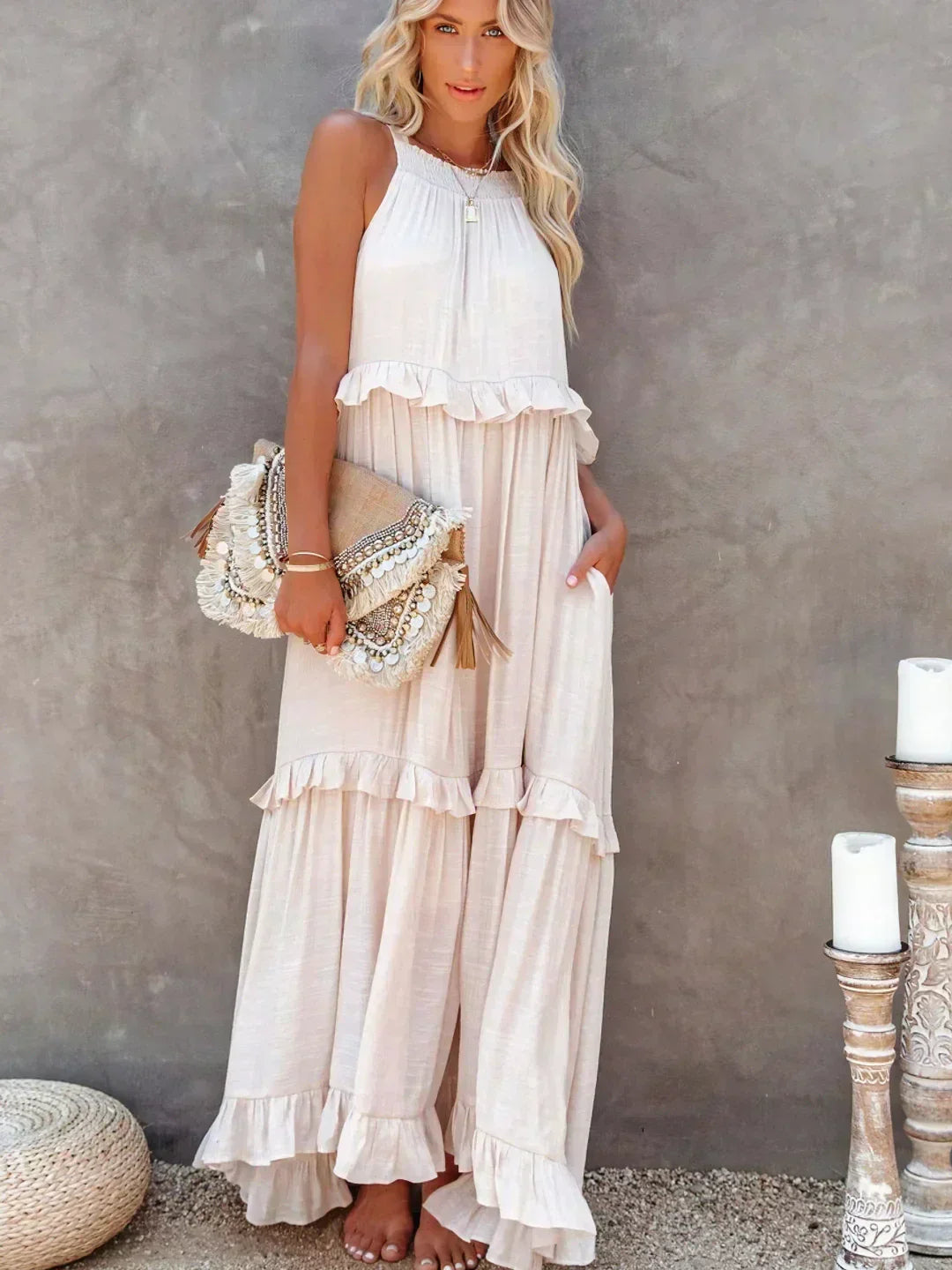 Abito Lungo Halter con Volant
