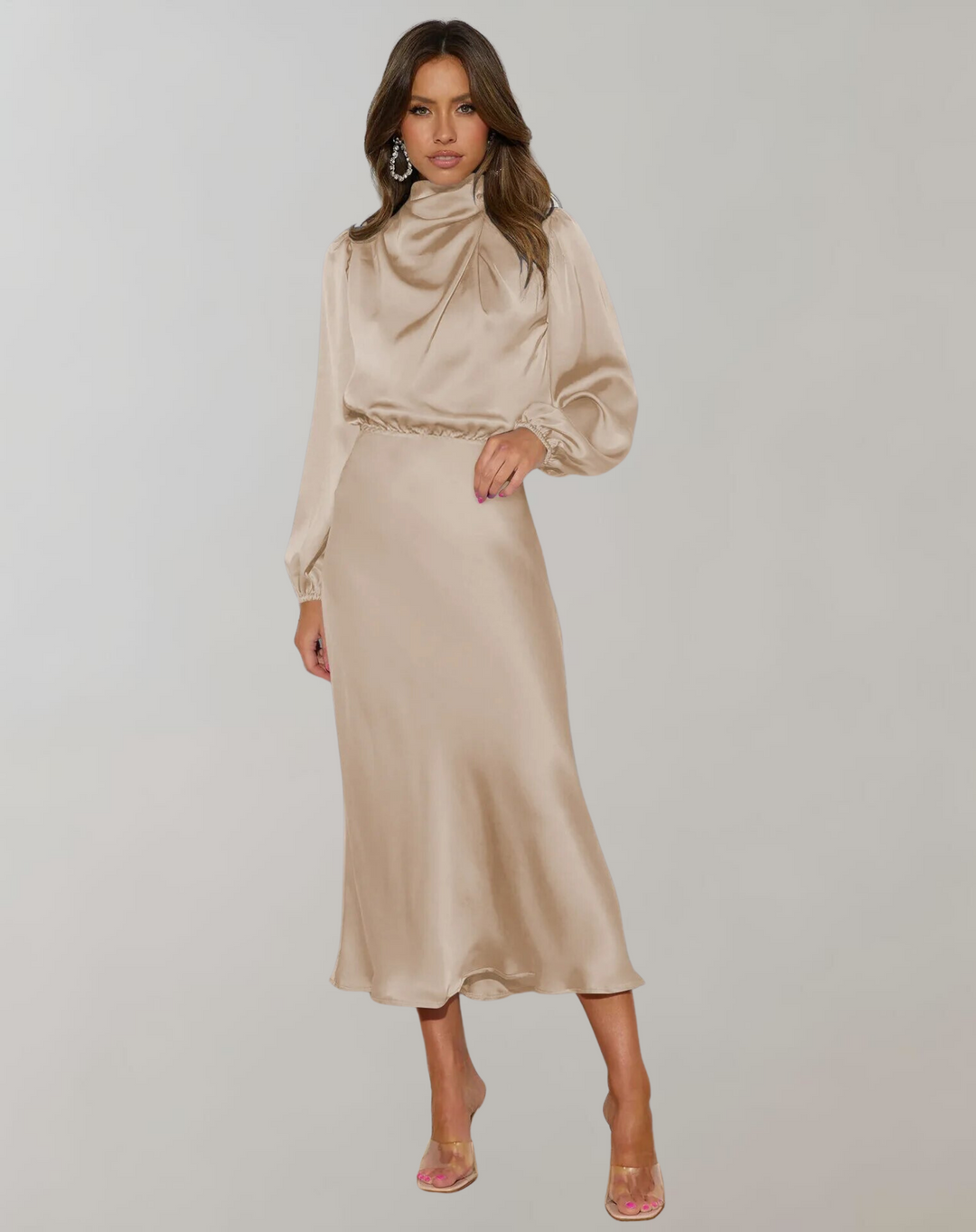 Abito Midi con Collo Drappeggiato