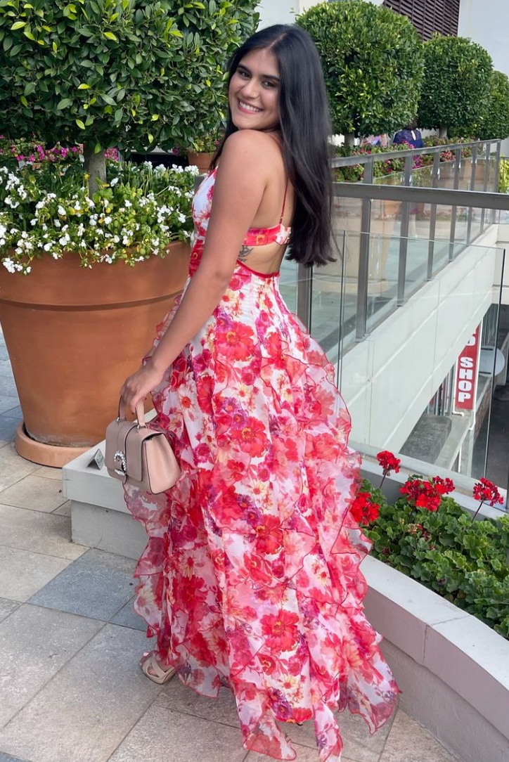 Abito Lungo Rosso a Fiori