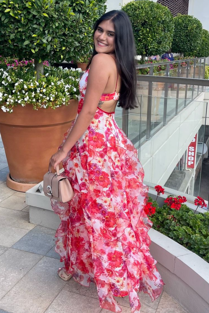 Abito Lungo Rosso a Fiori