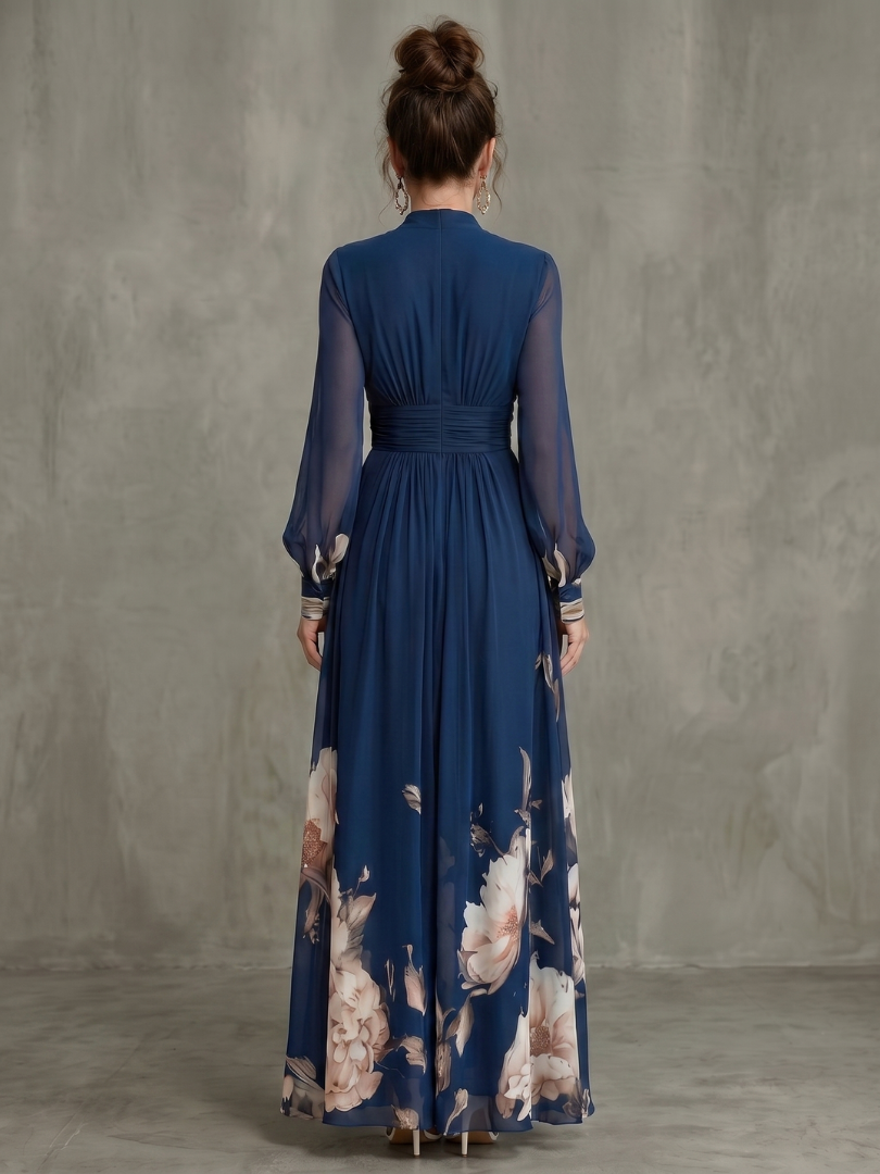 Abito Lungo Blu con Bordo Floreale