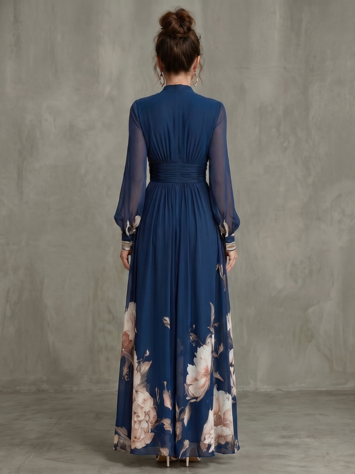 Abito Lungo Blu con Bordo Floreale
