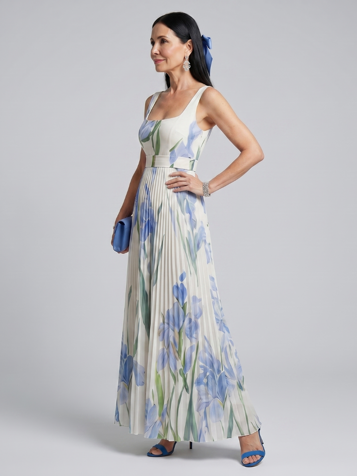 Abito Midi Plissettato a Fiori Blu