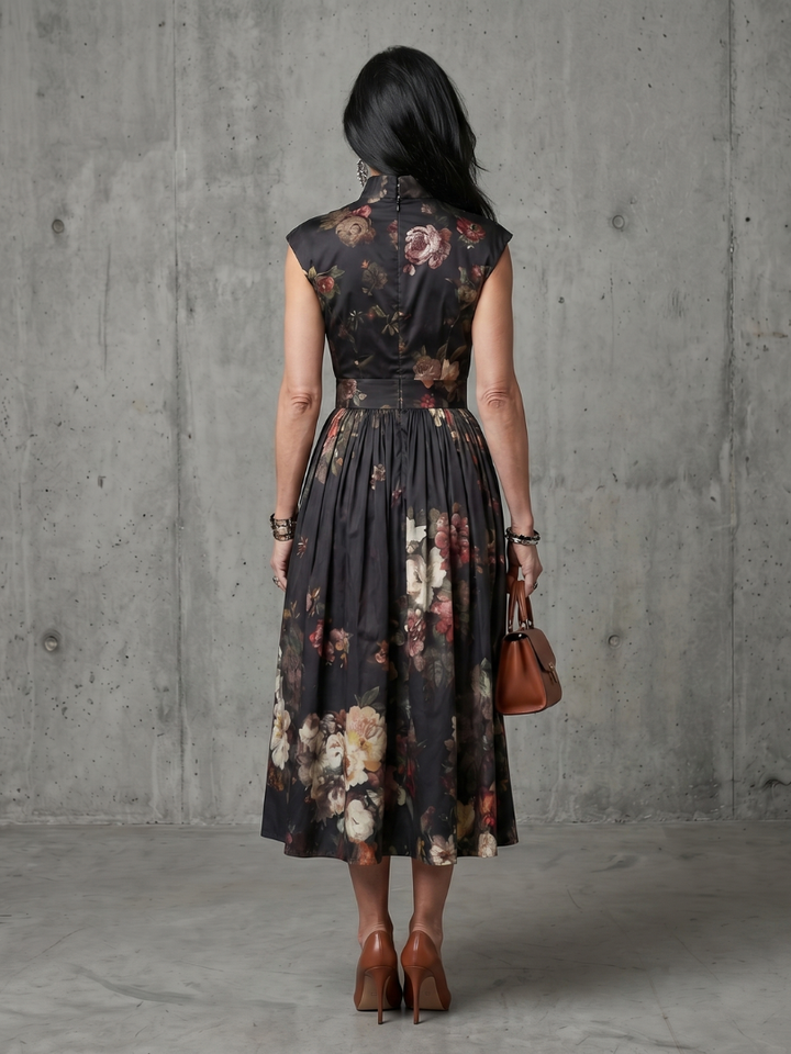 Abito Midi Floreale con Collo Alto