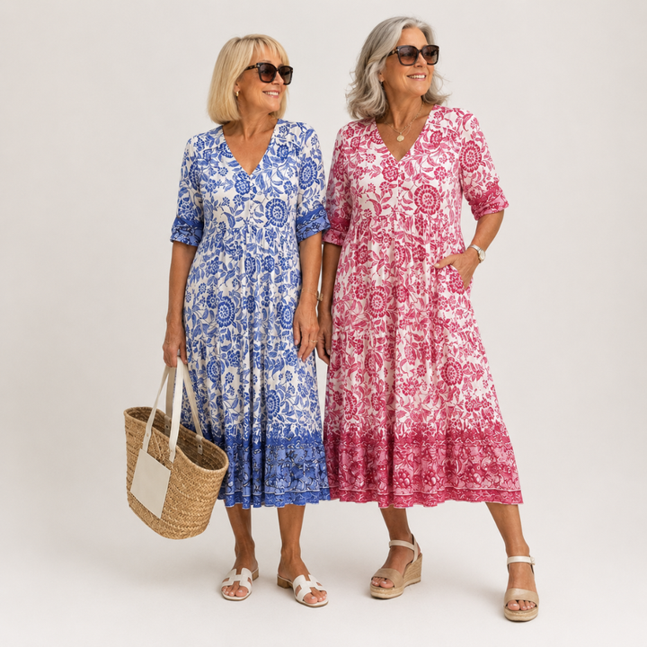 Vestito Lungo a Fiori con Bordo