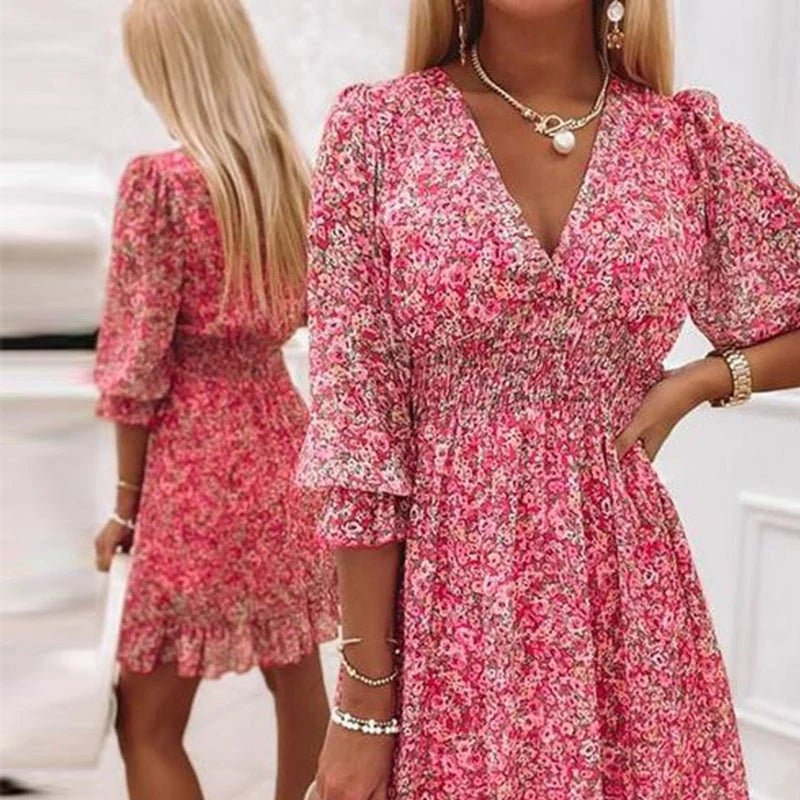 Abito Midi Floreale con Vita Arricciata