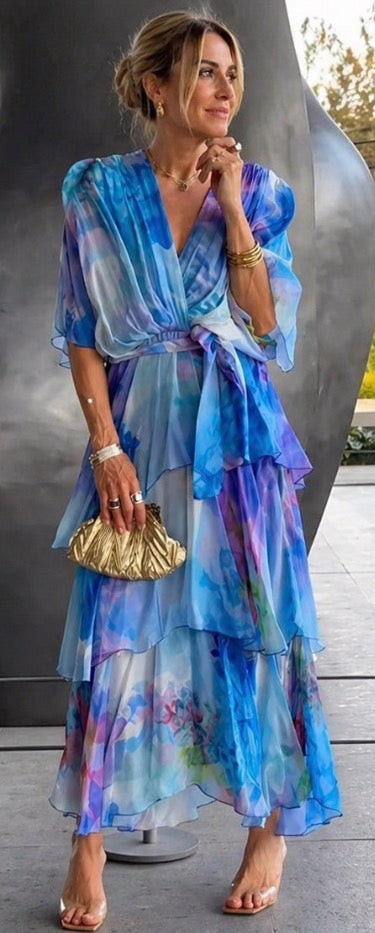 Vestito Lungo Fantasia a Balze