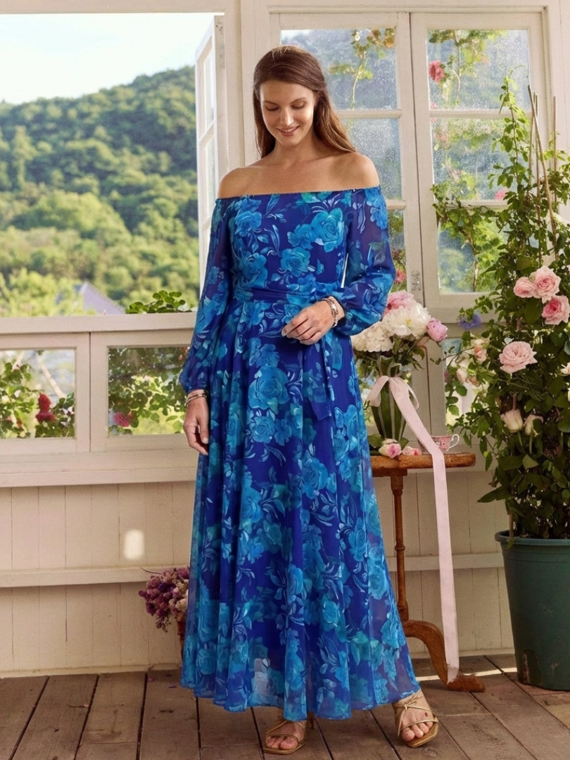 Abito Lungo Blu a Fiori