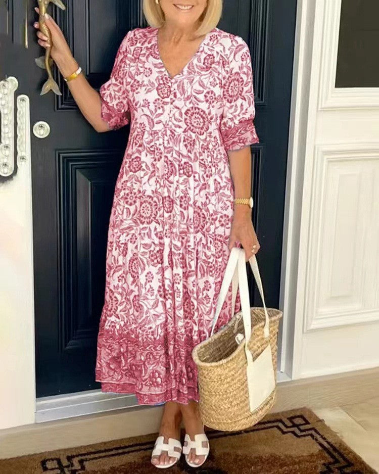 Vestito Lungo a Fiori con Bordo