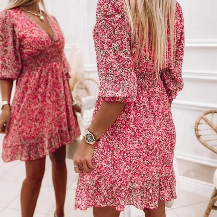 Abito Midi Floreale con Vita Arricciata