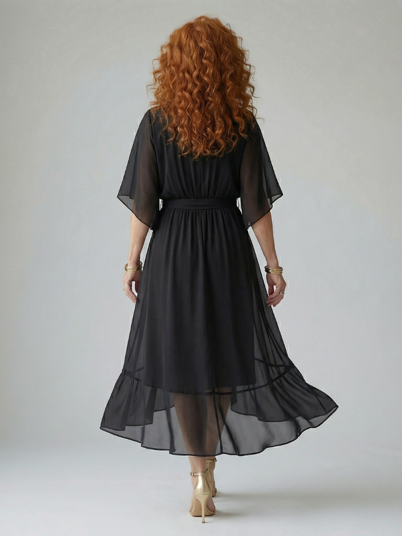 Abito Midi Drappeggiato con Maniche Ampie