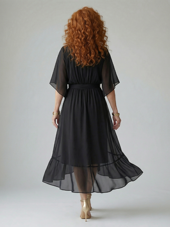 Abito Midi Drappeggiato con Maniche Ampie