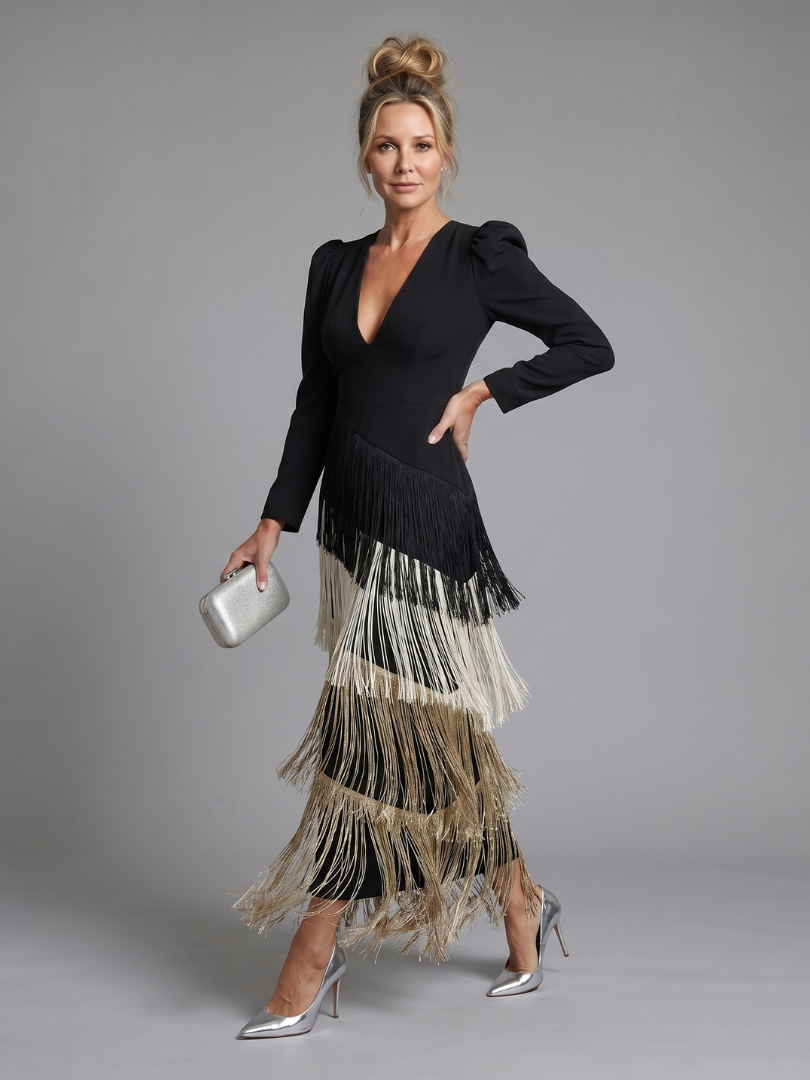 Vestito Midi con Gonna a Frange