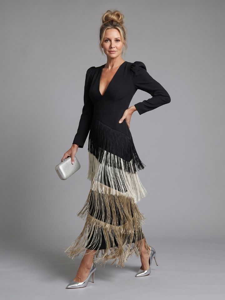 Vestito Midi con Gonna a Frange