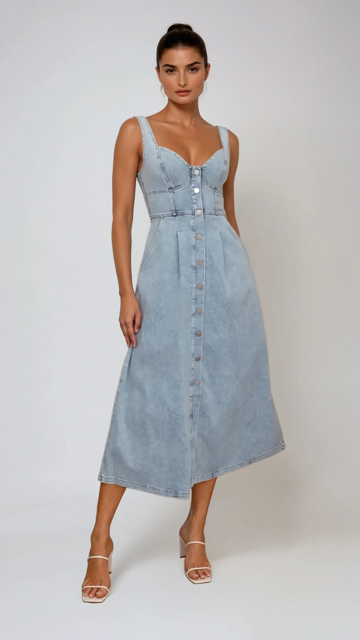 Abito Midi Azzurro con Bottoni