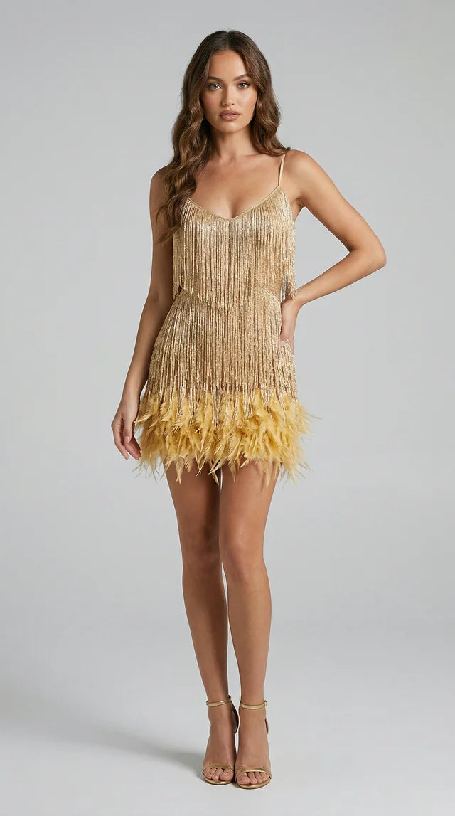 Vestito Corto con Frange e Piume