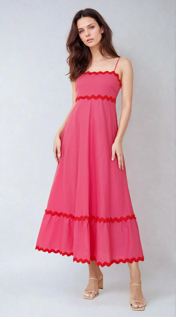 Abito Midi Rosa con Bordo Ondulato