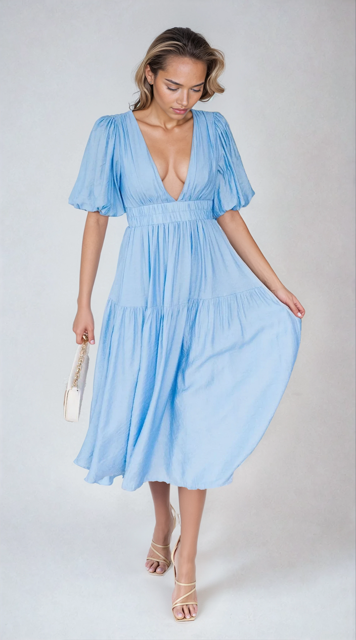 Vestito Midi Azzurro Scollo Profondo