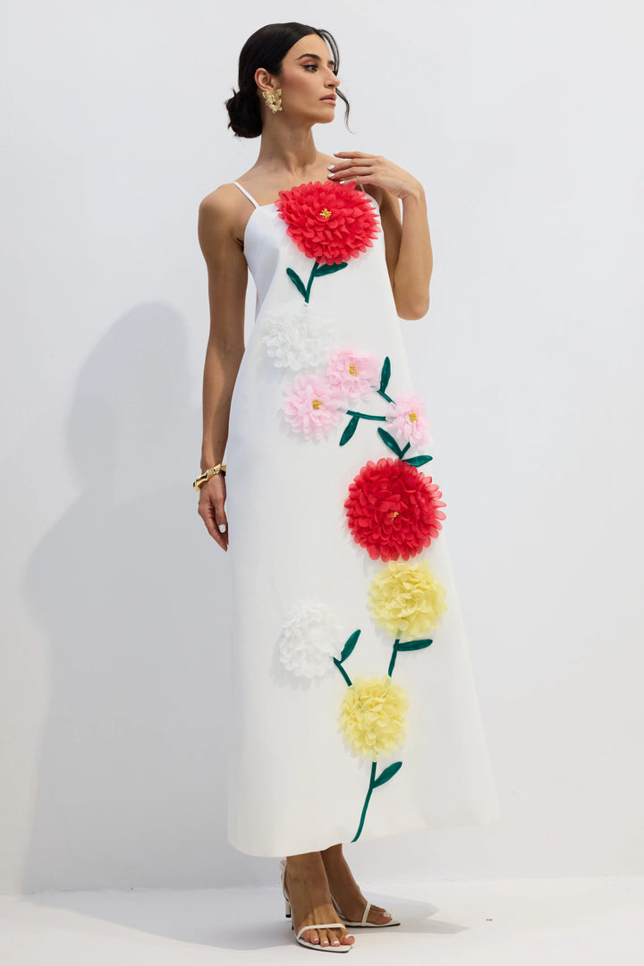 Abito Lungo con Fiori Tridimensionali